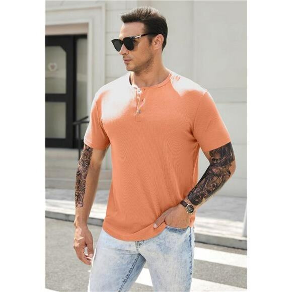 Men's Slim Fit Henley Shirt Muscle Crewneck Workout Tee Longline Button Top - Picture 6 of 7